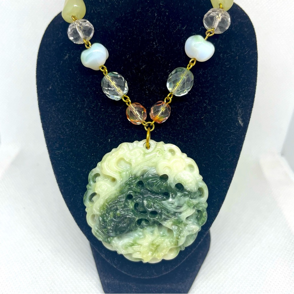 Vintage Joan Rivers Faux Jade Koi Fish Dragon Pendant Necklace, Crystal Beads